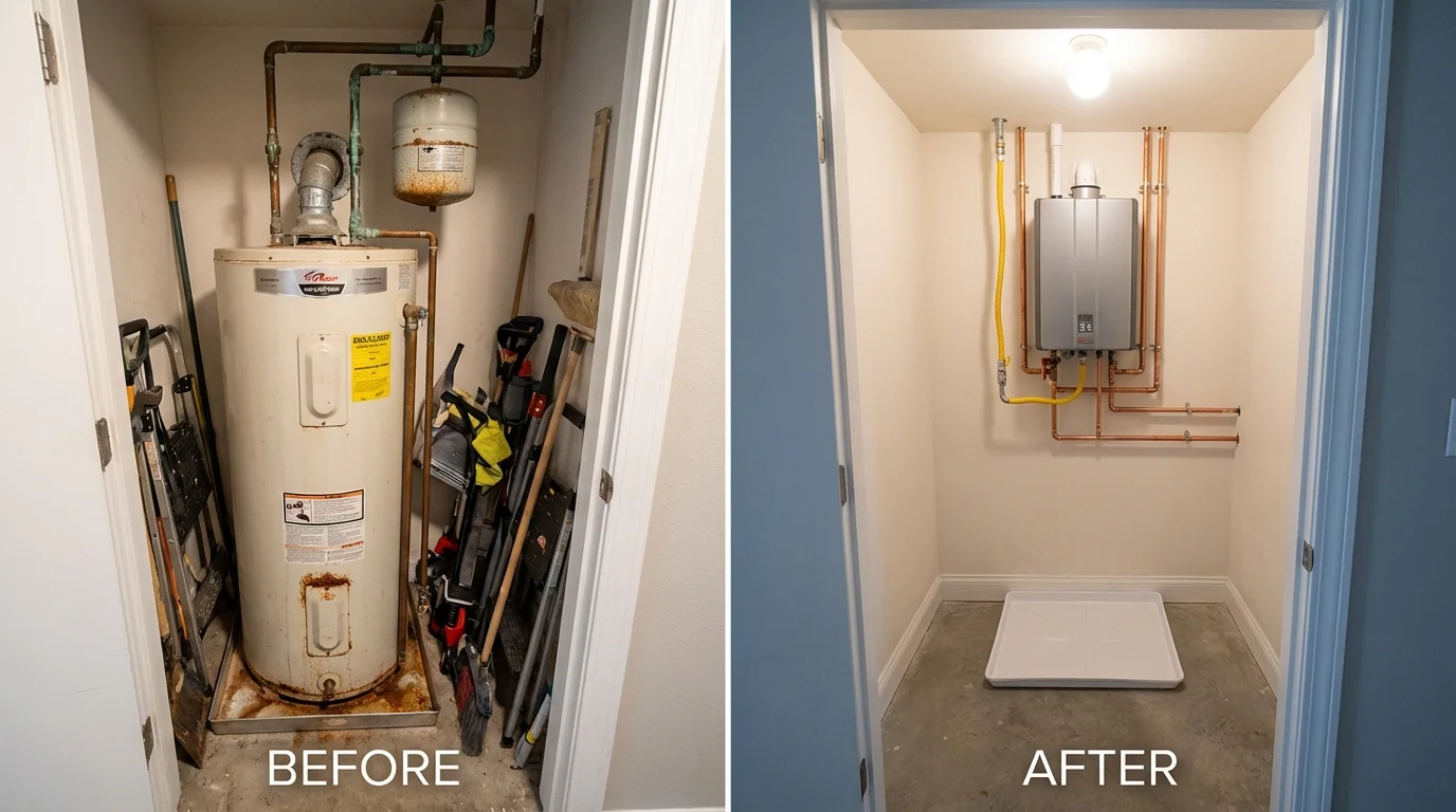 Tank water heater versus wall-mounted tankless unit comparison for Stanton, CA homeowners