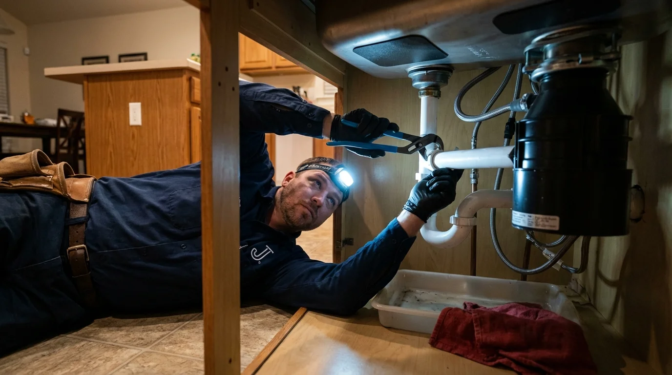 P-trap and supply line connections under a kitchen sink showing a common leak point in Stanton, CA